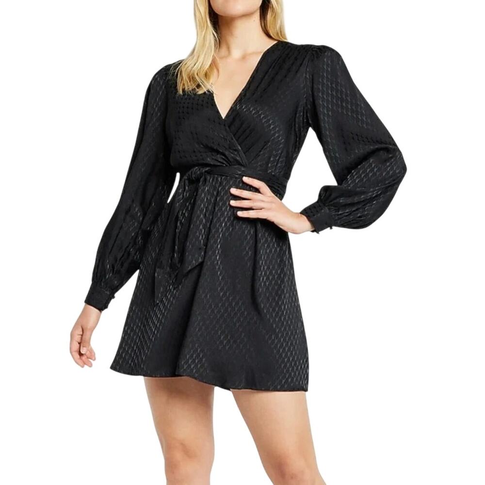 Y2K inspired Express Textured Long Sleeve Wrap Tie Mini Dress in black size S